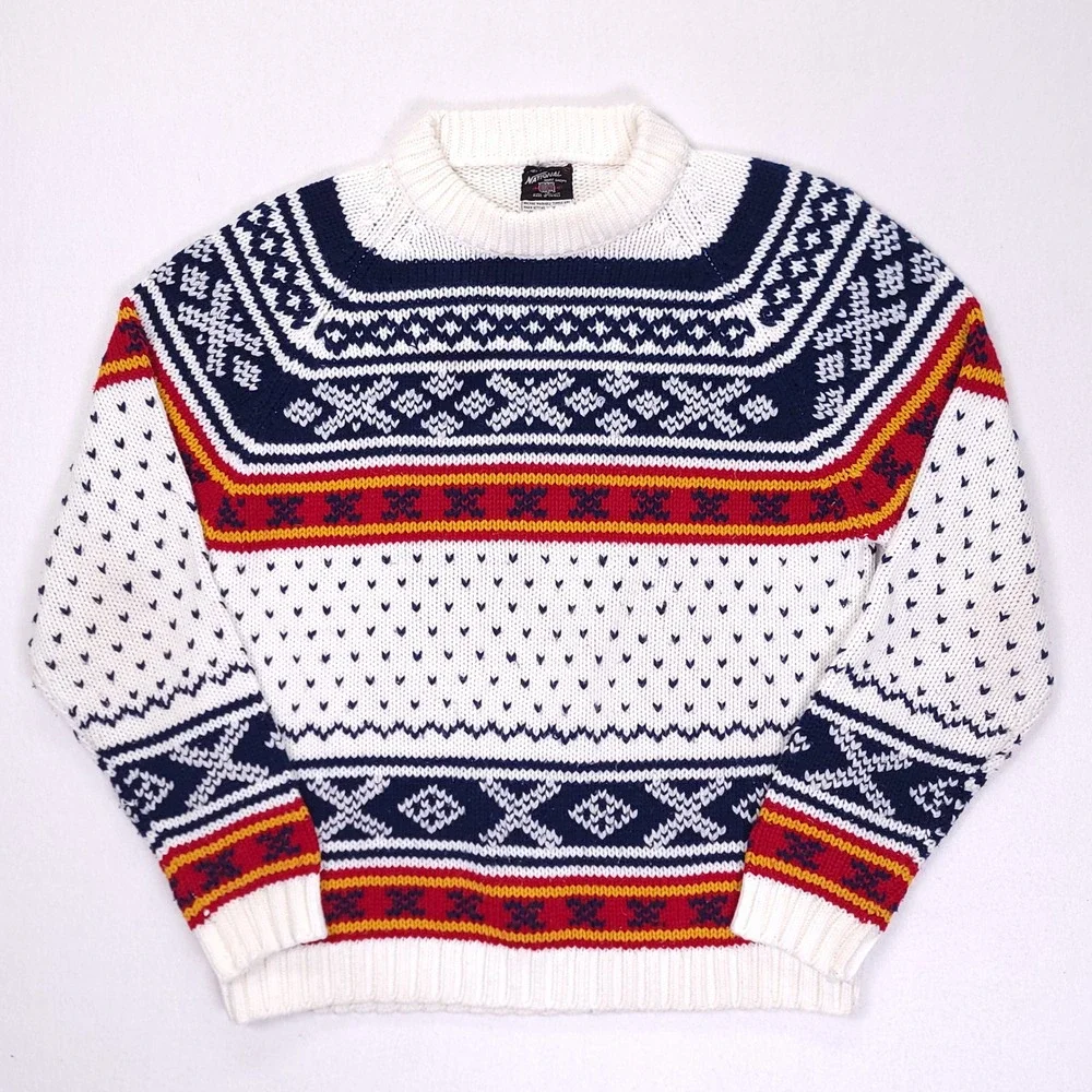 National‎ Shirt Shops Vintage Fair Isle Nordic Knit Sweater Mens Large White Red